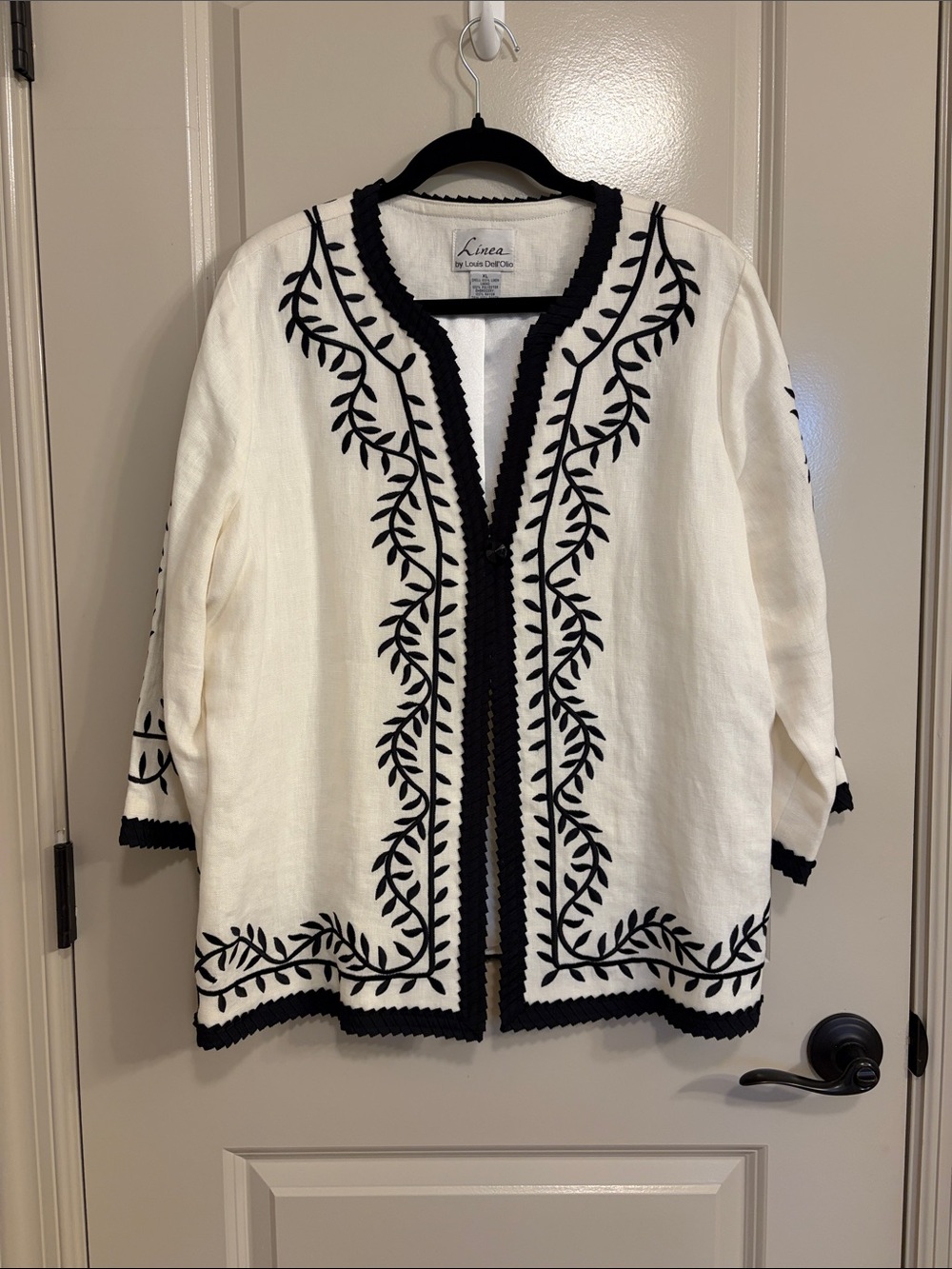 NWOT VTG Linea by Louis Dell'Olio Linen Black Leaf Embroidered Jacket